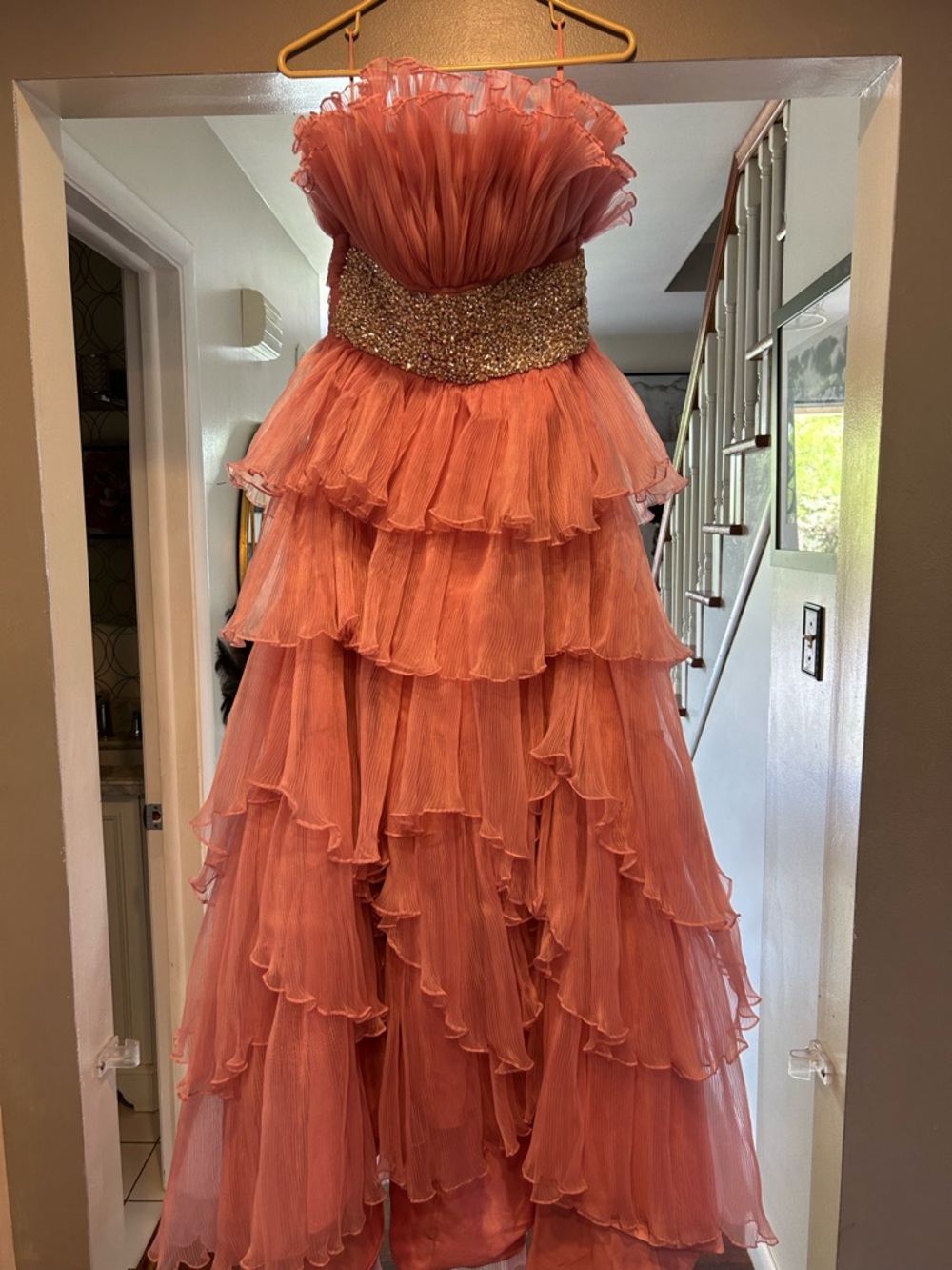 Dusty Rose Tiered Ruffled Strapless Gown with Beaded Waist